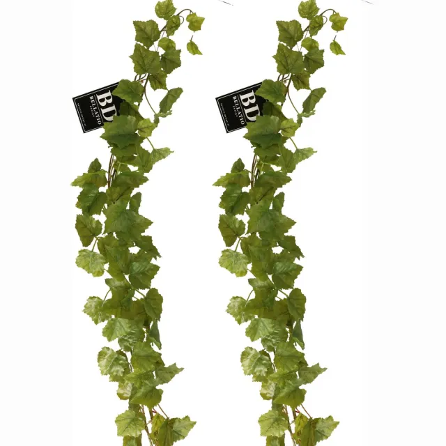Bellatio Design kunstplant/hangplant slinger - 2x - Druivenblad/Vitaceae - groen - 180 cm lang - planten guirlandes Multi