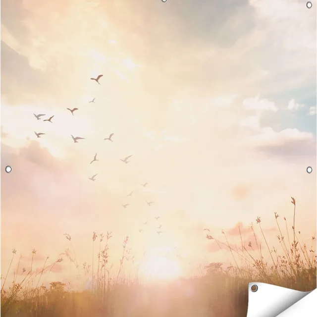 Gards Tuinposter Silhouet Vogels tijdens Zonsopkomst - 90x90 cm - Tuindoek - Tuindecoratie - Wanddecoratie buiten - Tuinschilderij Multikleur