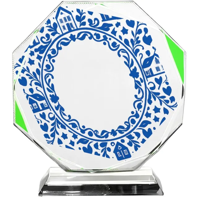Mr Cadeautjes Fotokristal hexagon - design Een klassieke blauw-witte rand met huiselijke symbolen en ee | cadeau
