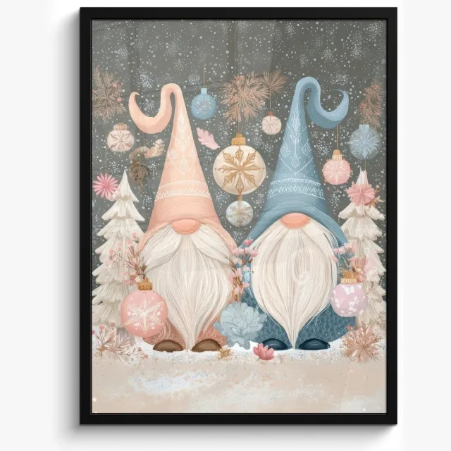 FrameYourWall Poster in lijst - Fotolijst 60x80 cm - Posters - Kerst - Gnomen - Pastel - Posterlijst zwart - Decoratie - Wanddecoratie woonkamer - Muurdecoratie slaapkamer - Kerstversiering - Kerstdecoratie voor binnen - Kerstmis
