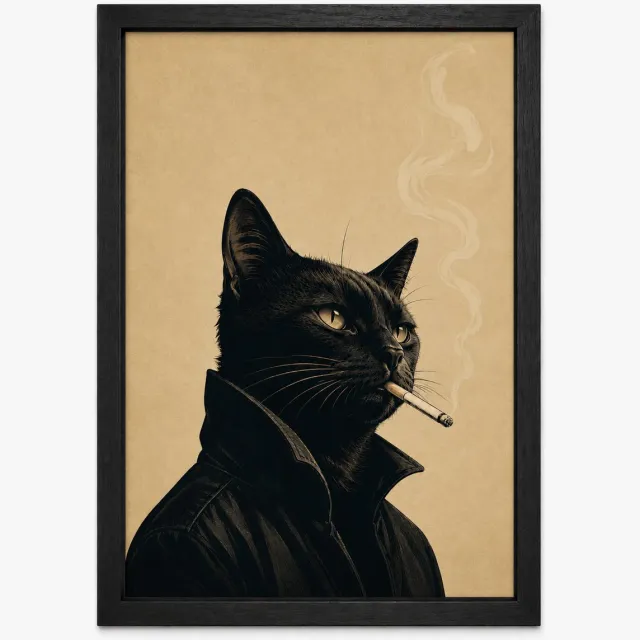 Joshimo Vintage Kat Poster | Rokende Zwarte Kat Art Print | Retro Dieren Poster | Inclusief Zwarte A4 Lijst