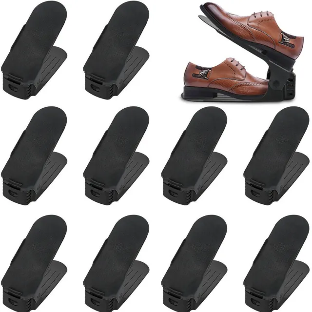 Froadp 10 stuks verstelbare schoenenrek set schoenenstapelaar schoenenhouder antislip schoenenorganizer 3 in hoogte verstelbaar, kunststof zwart
