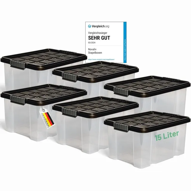 Novaliv 6x opbergdozen met deksel 15L antraciet Nestbare stapelbare opbergdozen met clipsluiting Kunststof doos BPA-vrij 41 x 29 x 20 cm transparant