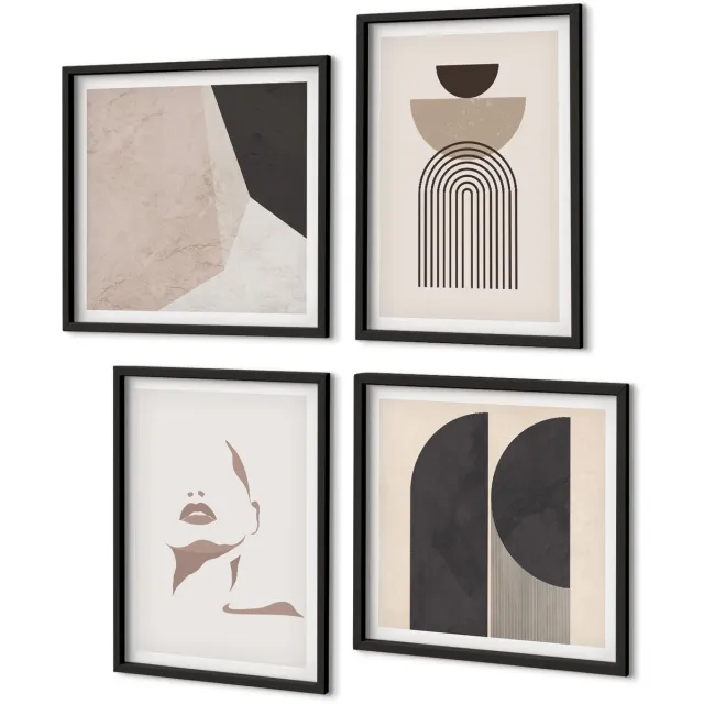 Coloray 4-Delige Schilderij Set - Abstracte Patronen In Tinten Wit En Bruin. - 40 x 40 cm En 40 x 60 cm - Decoratieve Muurdecoratie - Slaapkamer - Decoratieve Schilderijen Zwarte lijst