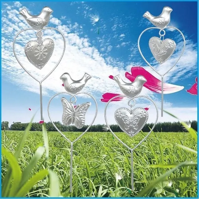 Impuls Metalen tuinstekers Vogel + hart + bloem + vlinder - Set van 4 stuks - zilver - hoogte 79 cm x dia 10 x 1 cm - Tuindecoratie - tuinstekers Zilver - Vogel+hart&bloem