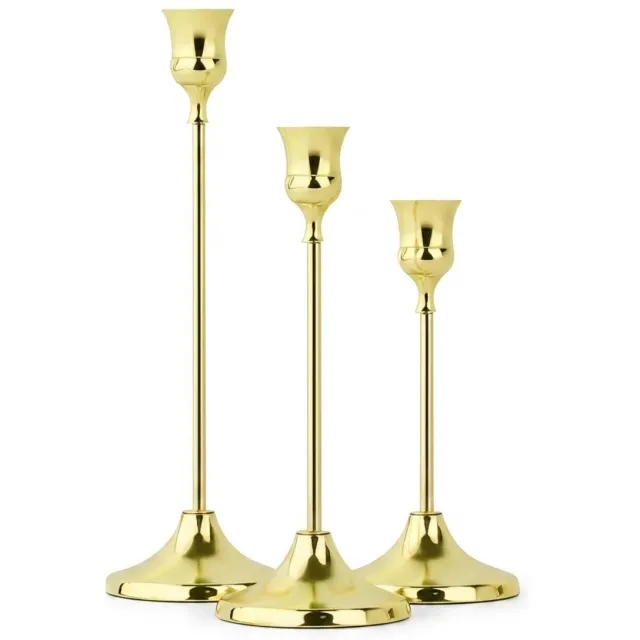 NUVEX Goudkleurige metalen kandelaars set 3 stuks woondecoratie diner tafel decoratie klassieke Franse stijl hoge kaars houders centrum stuk bruiloft feest huis decoratie Frans Goudkleurige