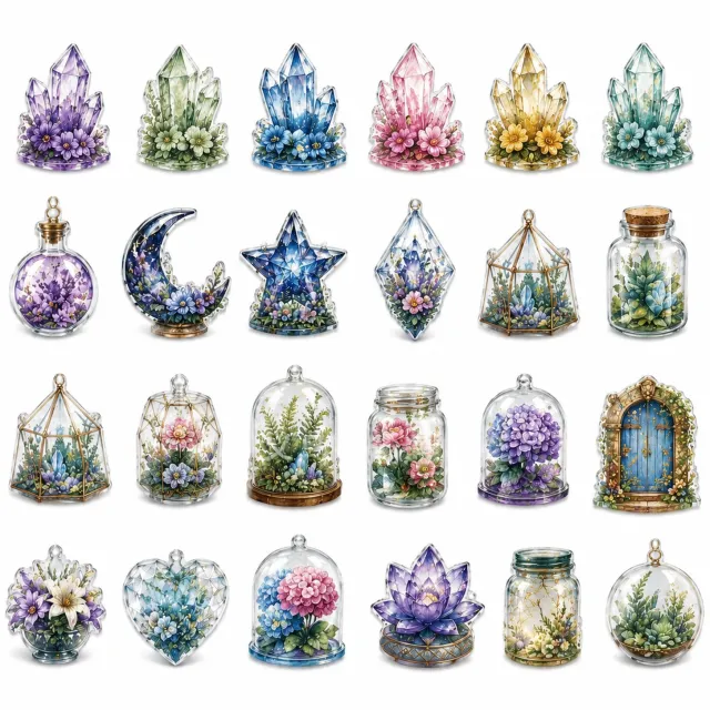 SWGOTA Adventskalender met 24 platte acryl hangdecoraties - Kristal- en bloemenmotieven - In geschenkdoos Multicolor