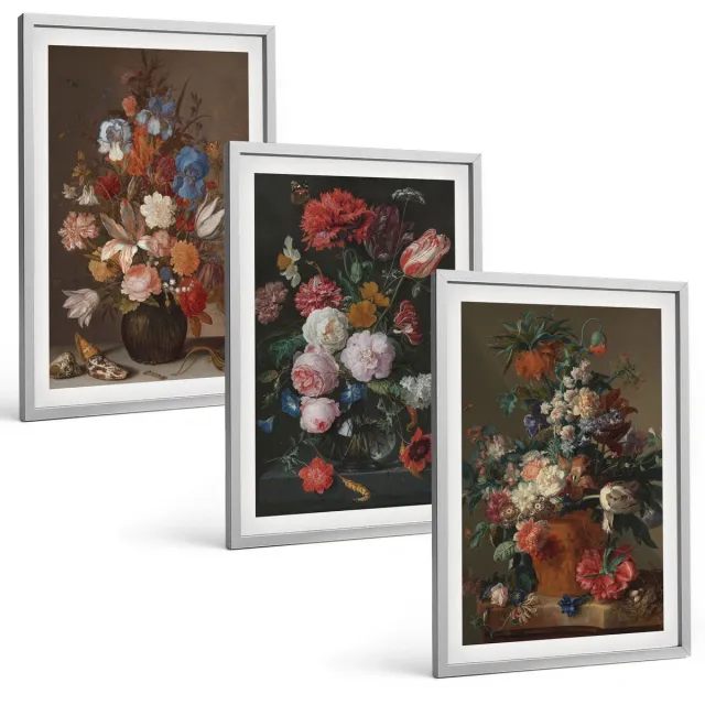 Coloray 3-Delige Schilderij Set - Bloemen In Vazen: Diverse Vintage Plantencomposities - 40 x 60 cm - Moderne Wanddecoratie - Slaapkamer - Muurdecoratie Zilveren lijst