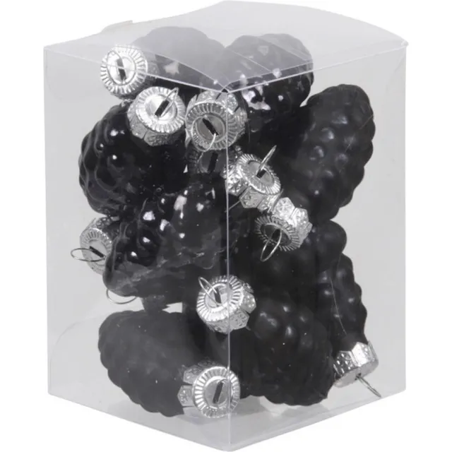 Othmar Decorations 12x Dennenappel kersthangers/kerstballen zwart van glas - 6 cm - mat/glans - Kerstboomversiering