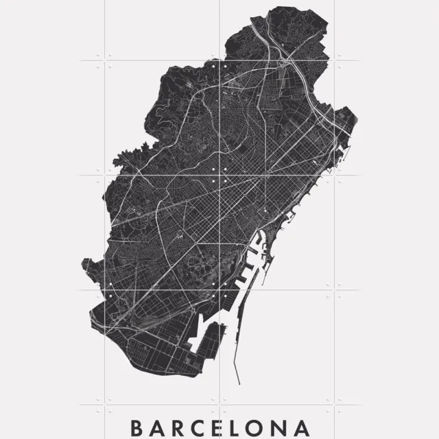 IXXI Barcelona City Map, Kunst in Kaart - 80 x 100 cm - Grote wanddecoratie en posters - Grafisch Ontwerp, Minimalisme, Line art, Woonkamer Monochroom / Zwart / Zwart en wit