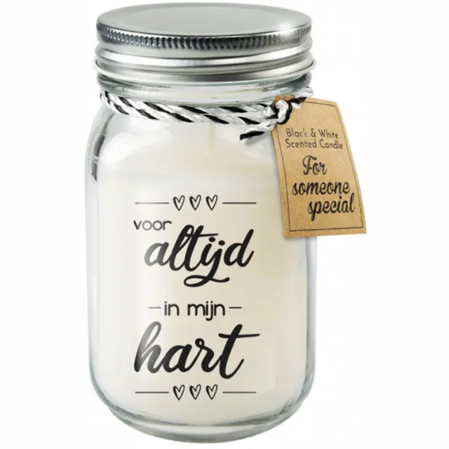 Snoepkado.com Kaars - Voor altijd in mijn hart - Lichte vanille geur - In glazen pot - In cadeauverpakking met gekleurd lint zwart op glas