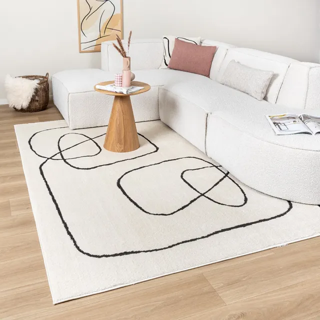 Fraai Japandi vloerkleed - Yori Lines Crème/Zwart - 80x150cm
