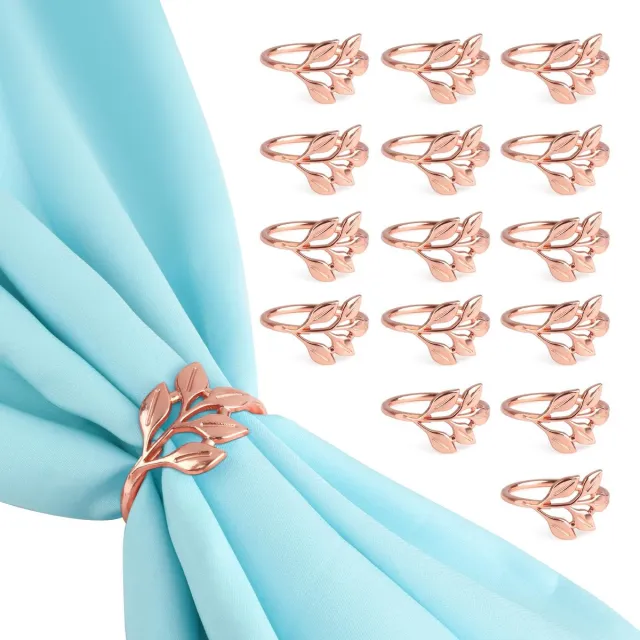 Famanu Set van 16 roségouden servetringen, metalen servettenhouders met bladeren, voor elegante tafeldecoratie tijdens feesten en diners