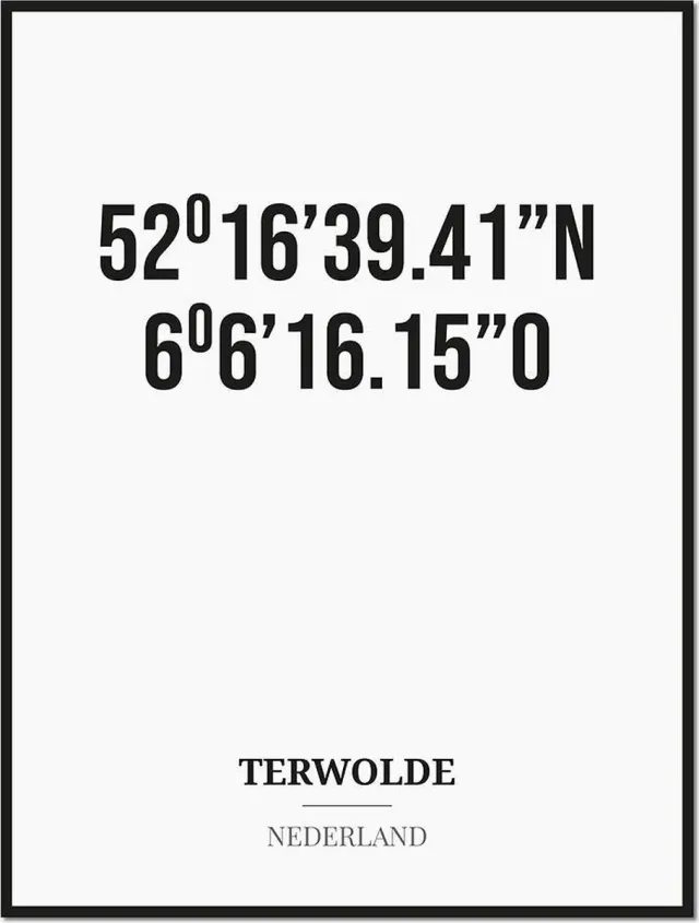 Studio216 Poster/kaart TERWOLDE met coördinaten zwart, wit