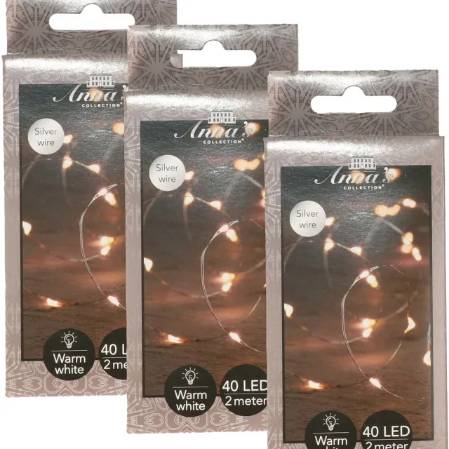 Anna's Collection Draadverlichting lichtsnoer - 3x - 40 led lampjes - warm wit - zilver draad - 200 cm - lichtdraad - kerstverlichting