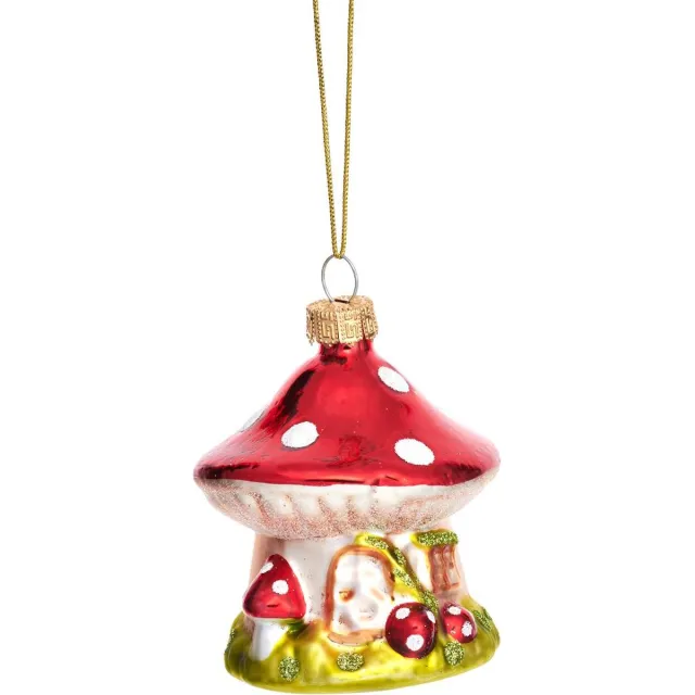 Sass & Belle Paddenstoel kabouterhuisje kerstbal - Sass & Belle Roo/wit/groen