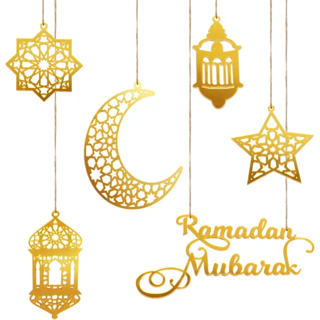 Famanu 6st Ramadan Decoraties - Acryl Kareem Eid Mubarak Windlicht Maan Stervormig Decor voor Hangend Aan Muren Ramen Bomen Goud rood
