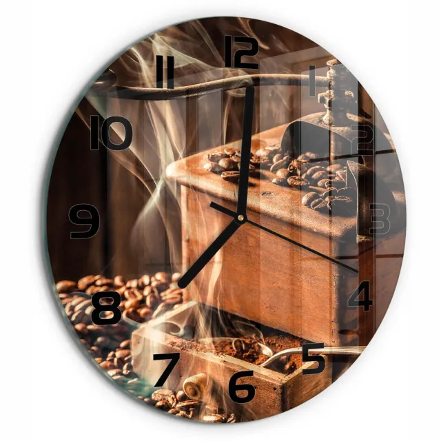 TULUP Wandklok - Koffiebonen Glazen Klok Met Print - fi30 cm - Bruin Wandklok Glas Met Motief - Zwarte handen - Ronde Klok - Wandklok Glas Decoratie - Gekleurde Glazen Klok