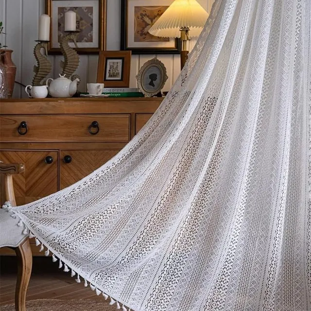 Floraweg Boho gordijnen voor woonkamer vintage kwastje haak kanten gordijnen panelen voor slaapkamer raam boerderij retro holle pure gordijnen, 59 "w × 63" l （150 cm x160cm））-Wit