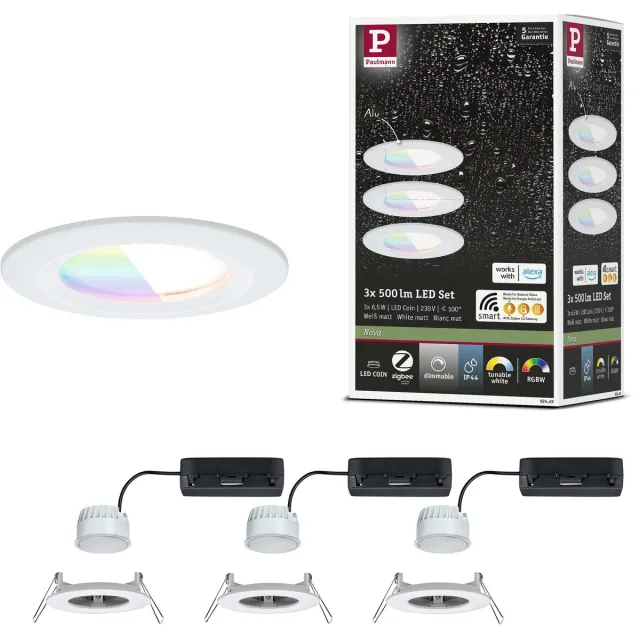 Paulmann LED-inbouwlamp Nova Coin IP44 rond 78 mm RGBW+ 3x6W 3x500lm 230V Wit mat Aluminium