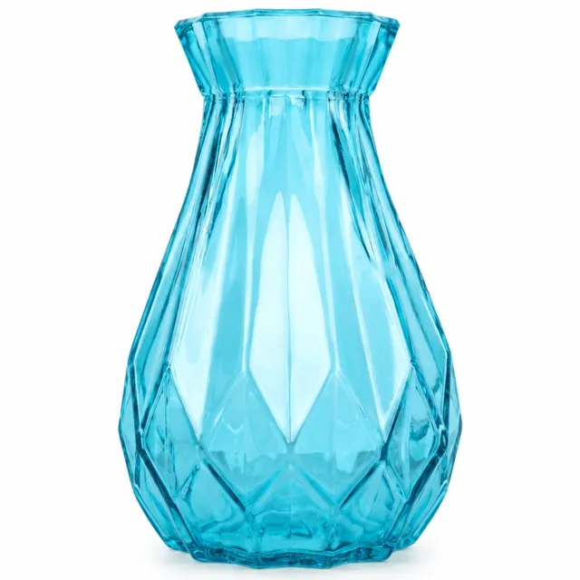 SWGOTA Blauwe glazen vaas 14 cm met origami-geïnspireerde facetten en uitlopende opening, voor droogbloemen, standaardverpakking