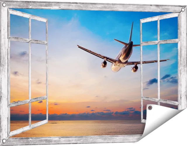 Gards Tuinposter Doorkijk Vliegtuig Boven de Zee bij Zonsondergang - 90x60 cm - Tuindoek - Tuindecoratie - Wanddecoratie buiten - Tuinschilderij Grijs