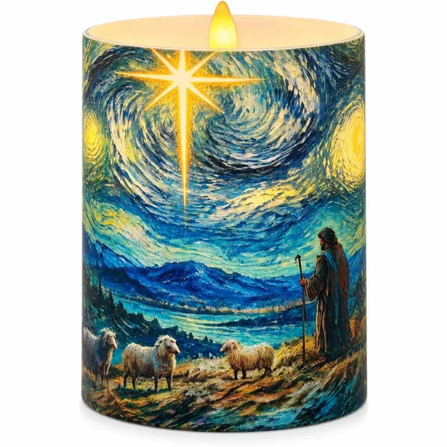 SWGOTA led kaarsen voor kerst: 1 stuk, 7,5 x 10 cm, warm licht, kunststof cilinder met sterrenhemel en herder, batterijen niet inbegrepen Meerkleurig