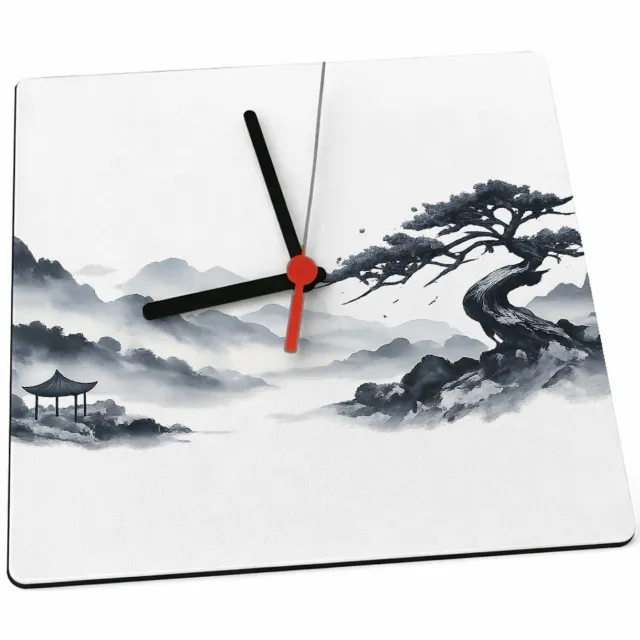 Mr Cadeautjes Klok 19 x 19 - design Elegante bospaadjes in mist met een enkele kromme den als bl | cadeau Wit