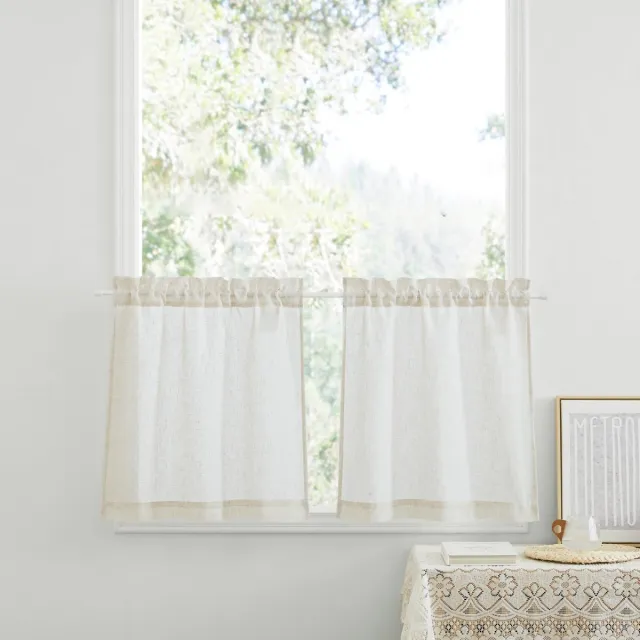 Ibenzoa Set van Twee Beige Linnen Vitrages met Vintage Bistro Stijl – 60 x 60 cm