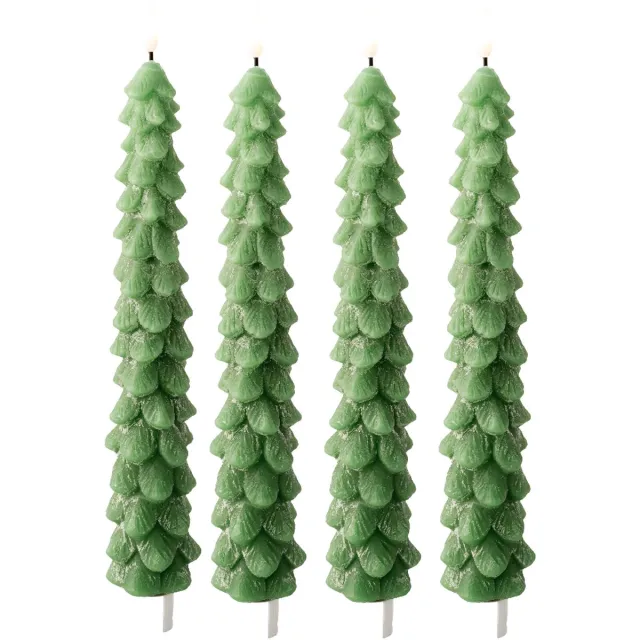 Lumineo LED kerstboom dinerkaars - 4x - groen - 29 cm - batterijen - timer - kerstdiner kaars - kaarsen - kerstkaarsen kerstdiner