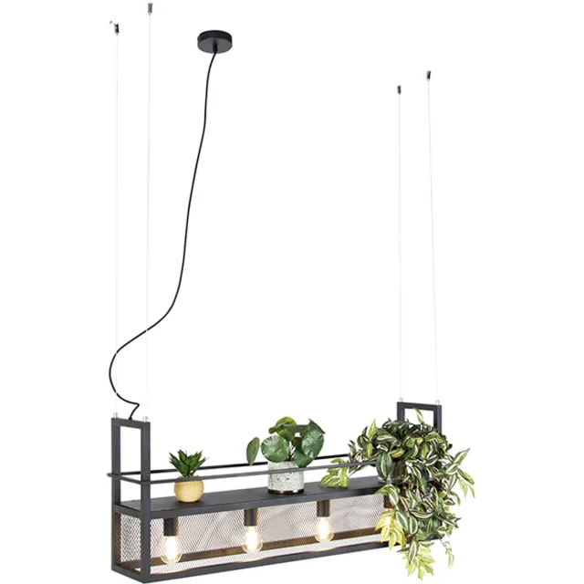 QAZQA cage rack - Industriele Hanglamp eettafel voor boven de eettafel | in eetkamer - 4 lichts - L 100 cm - Zwart - Industrieel - Woonkamer | Slaapkamer | Keuken