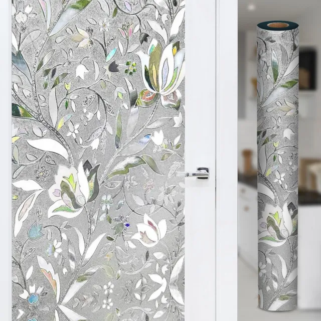 Comamor Raamfolie HR++ 45x200cm - Bloemenpatroon met Glas in Lood Regenboogeffect - Isolerend, Zonwerend & Anti-Inkijk - Inclusief Rakel en Snijder Bloemen met Regenboogeffect