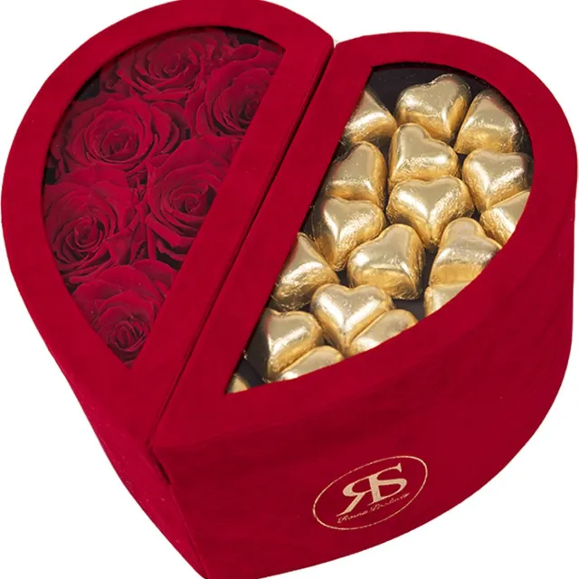 Rosuz Chocolade box Scarlet rood goud - Ruim assortiment aan Luxe & Handgemaakte cadeaus - Verras op een speciale manier - 2 jaar houdbare rozen! Rood met goud