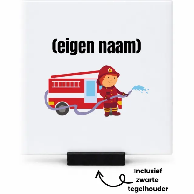 Hacebo Brandweerman met brandweerwagen tegeltje met tegelhouder - iemand die werkt bij de brandweer - tegeltjes met tekst - met eigen naam - leuk cadeau voor iemand die bij de brandweer werkt - cadeau - kado - spreuktegels - 10.8x10.8 CM Wit