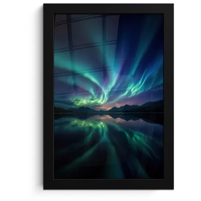 FrameYourWall Poster in lijst - Fotolijst 20x30 cm - Posters - Noorderlicht - Kleurrijk - Bergmeer - Posterlijst zwart - Decoratie - Wanddecoratie woonkamer - Muurdecoratie slaapkamer Noorderlicht - Meer - Bergen