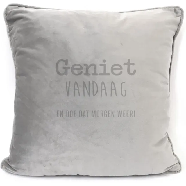 SandD-art Grijs sierkussen Velours - 45x45cm - Met Tekst: GENIET VANDAAG EN DOE DAT MORGEN WEER. Cadeau-verjaardag-bedankje.