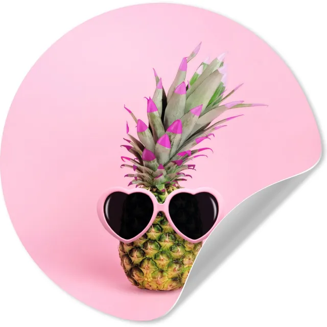 WallCircle Behangcirkel 120x120 cm - Muurstickers Een ananas tegen een roze achtergrond met een zonnebril - Muurcirkel woonkamer - Wandcirkel slaapkamer - Kamer decoratie zelfklevend - Muurdecoratie accessoires