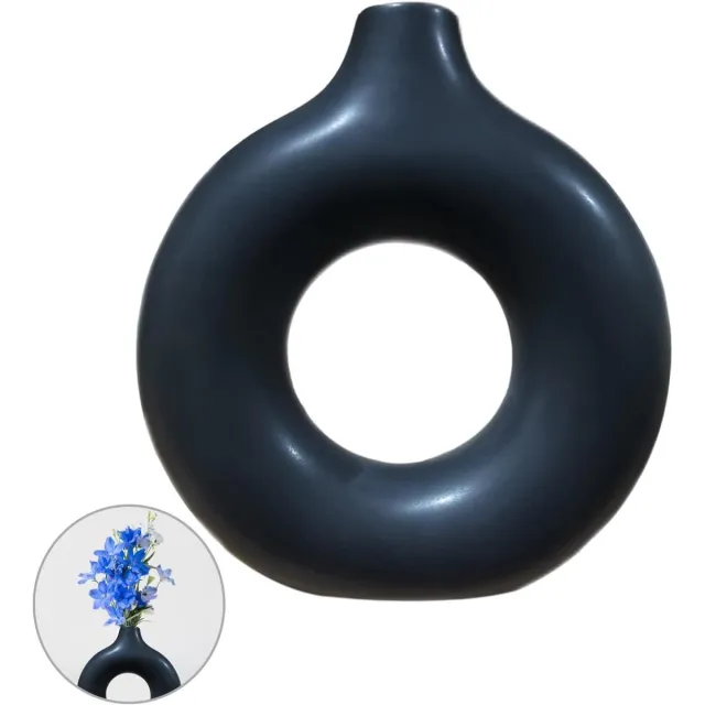 By Shayne ByShane - Ronde Donut Vaas voor Modern Interieur | Bloemenvaas Pampasgras | Zwarte Keramische Vaas voor Woonkamerdecoratie | Housewarming Cadeau Any