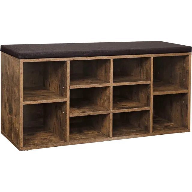 FurnStar Schoenenbank – Opbergbank met Gevoerde Zitting – Entreebank met 10 Vakken – 30 x 104 x 48 cm – Rustiek Bruin & Kastanjebruin Vintage Bruin