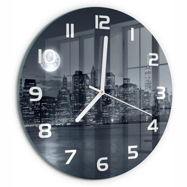 TULUP Wandklok - New York 's nachts Decoratieve Glazen Klok - fi30 cm - Zwart-wit Glazen Wandklok Design - Witte handen - Ronde Klok - Glazen Klok Met Print - Wandklok Glas Met Motief