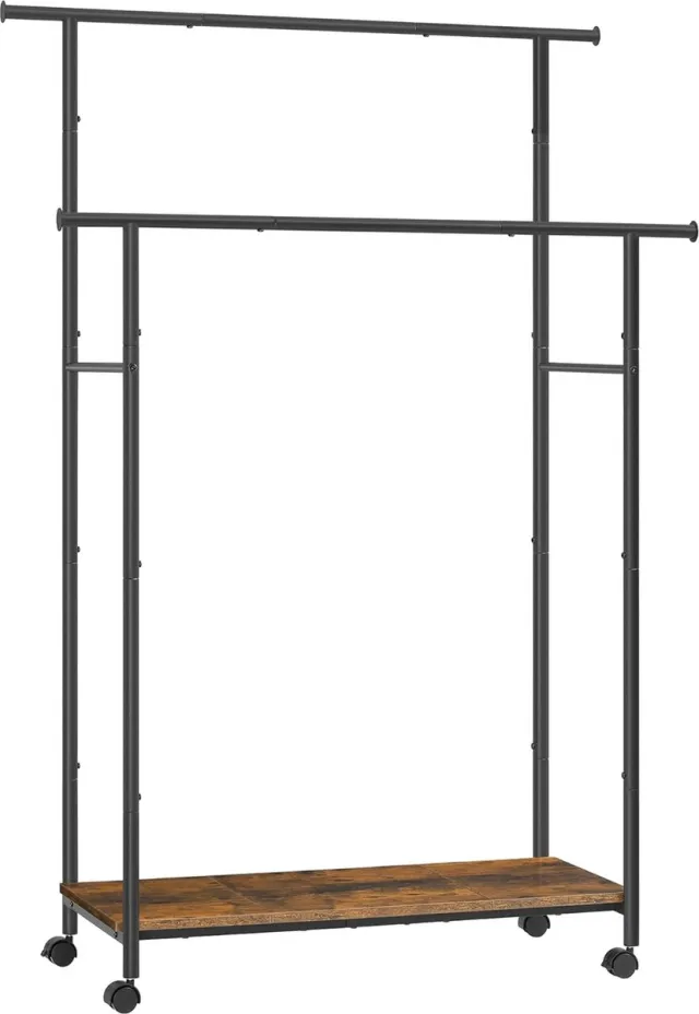 FurnStar Kapstok - Kapstokken -Kledinghangers - Dubbele Kapstok Met Zwenkwielen En Plank - ‎39.6 x 98.5 x 156.8 cm - Rustiek Bruin En Inktzwart