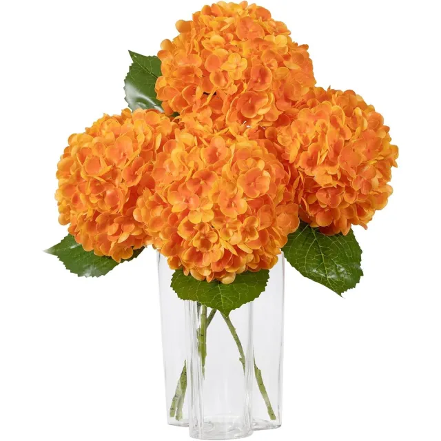 JHA Kunst Hortensia Bloemen 3 Stuks – Hydrangea Takken – Real Touch Kunstbloemen – Decoratieve Zijdebloemen voor Vaas, Woonkamer, Bruiloft & Tafeldecoratie Oranje
