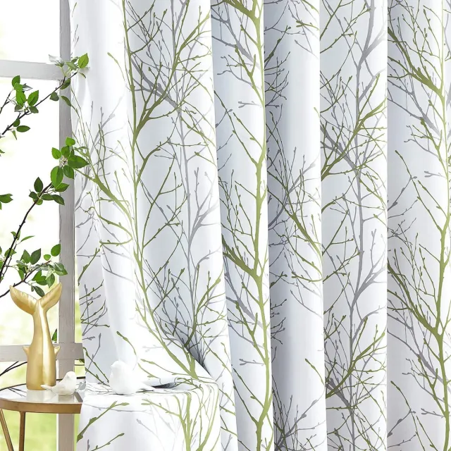 Unyqoos Stijlvolle Verduisteringsgordijnen met Boomtakpatroon voor Woon- en Slaapkamer, Set van 2, 245 x 129 cm groen