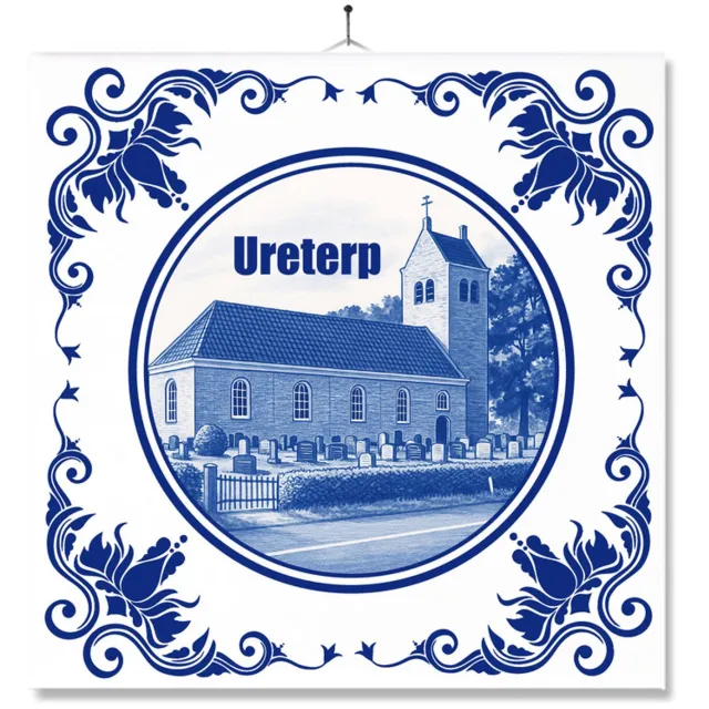 MC Living Tegel Met Opdruk | Ureterp | Delft Blauw | Cadeau | Inclusief Geschenkdoos | Standaard | Ophangsysteem Multi-Color