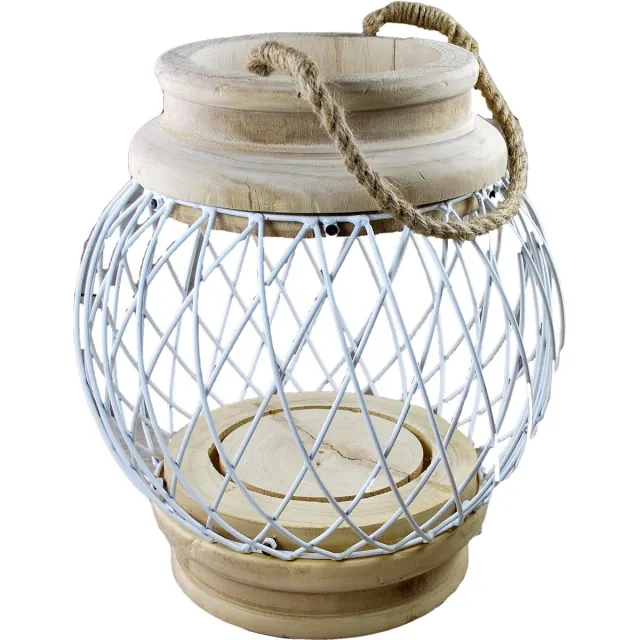 PH design lantaarn/windlicht voor binnen - combi van hout metaal D28xH43cm - stoere lantaarn - kandelaar - tafellantaarn - kaarsenhouder - tafel lamp hout naturel en wit