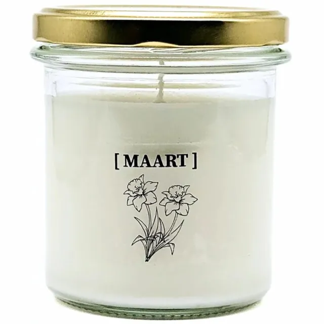 Candlelight-on geurkaars met geboortebloem en geboortedatum - 27 maart - o.b.v. sojawas en etherische oliën Wit
