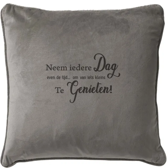 SandD-art Grijs sierkussen Velours - 45x45cm - Met Tekst: Neem Iedere Dag Even De Tijd Om Van Iets Kleins Te Genieten. Cadeau-verjaardag-bedankje.