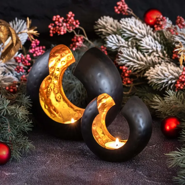 Gadgy Waxinelichthouder Rond - Theelichthouder Set van 2 - 17&12.5CM - Kaarsenhouders voor Waxinelichten - Metaal - Zwart / Goud - Cadeautje voor Haar - Decoratie voor Binnen