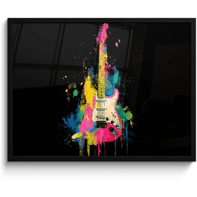 FrameYourWall Poster in lijst - Fotolijst 80x60 cm - Posters - Gitaar - Kleurrijk - Verf - Posterlijst zwart - Decoratie - Wanddecoratie woonkamer - Muurdecoratie slaapkamer