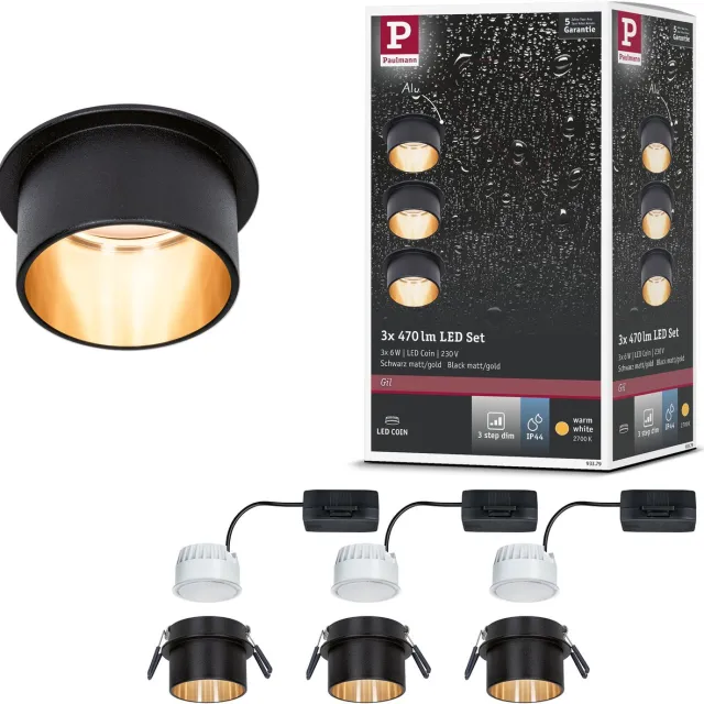 Paulmann LED-inbouwlamp 3-Step-Dim Gil Coin Basisset IP44 rond 68 mm Coin 3x6W 3x470lm 230V dimbaar 2700K Zwart mat, Goud